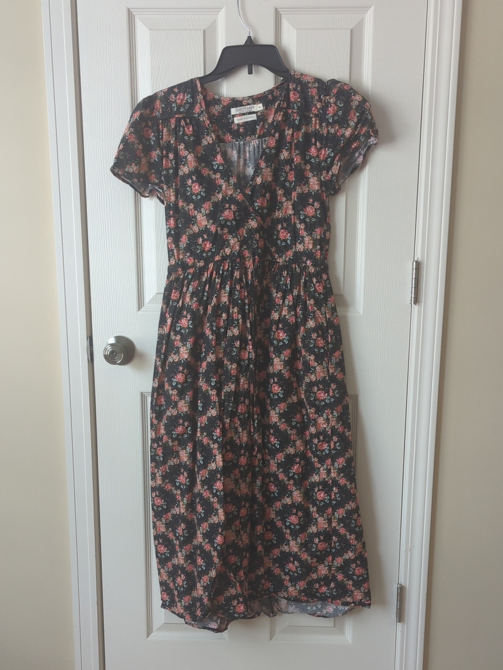 Christy Dawn Black Midi Dress with Pink Floral Print